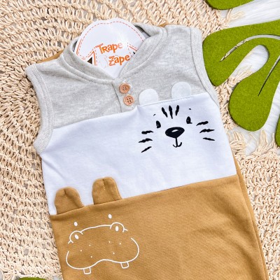 Macaquinho Regata Tigre e Hipopótamo Baby - Caramelo, Branco e Mescla